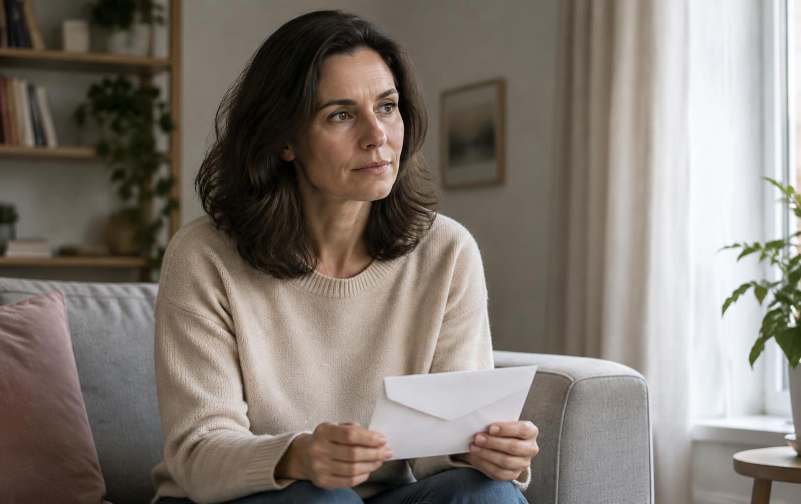 A woman sitting on a sofa holding an unopened letter, thinking