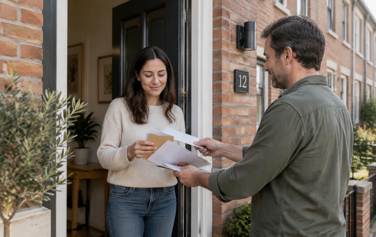 A couple at the front door of their home going through the post