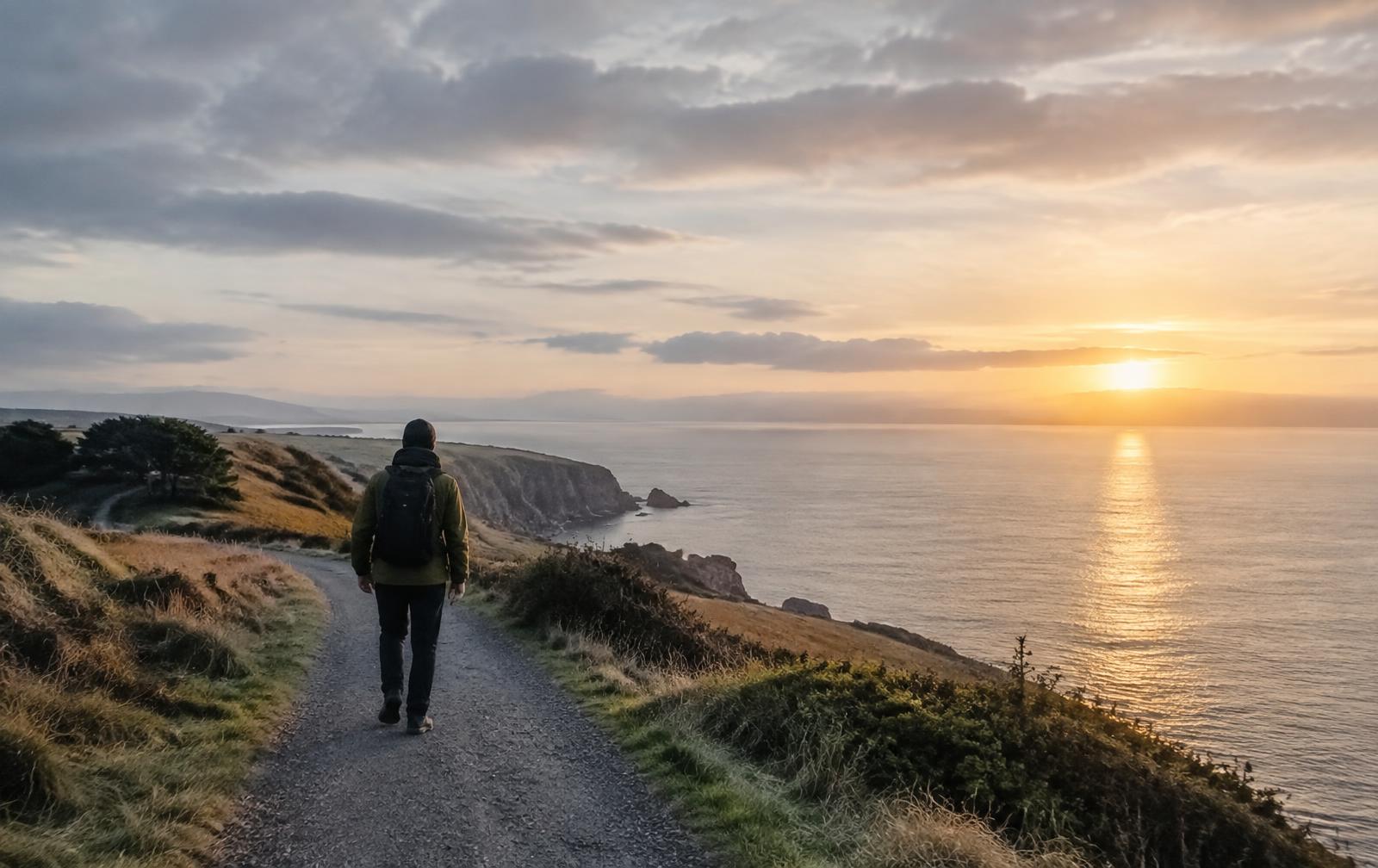 A person walking a coastal path at sunrise