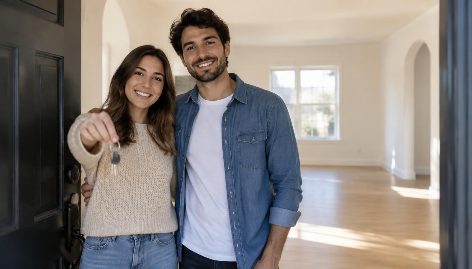 A couple holding keys in the doorway of their new home