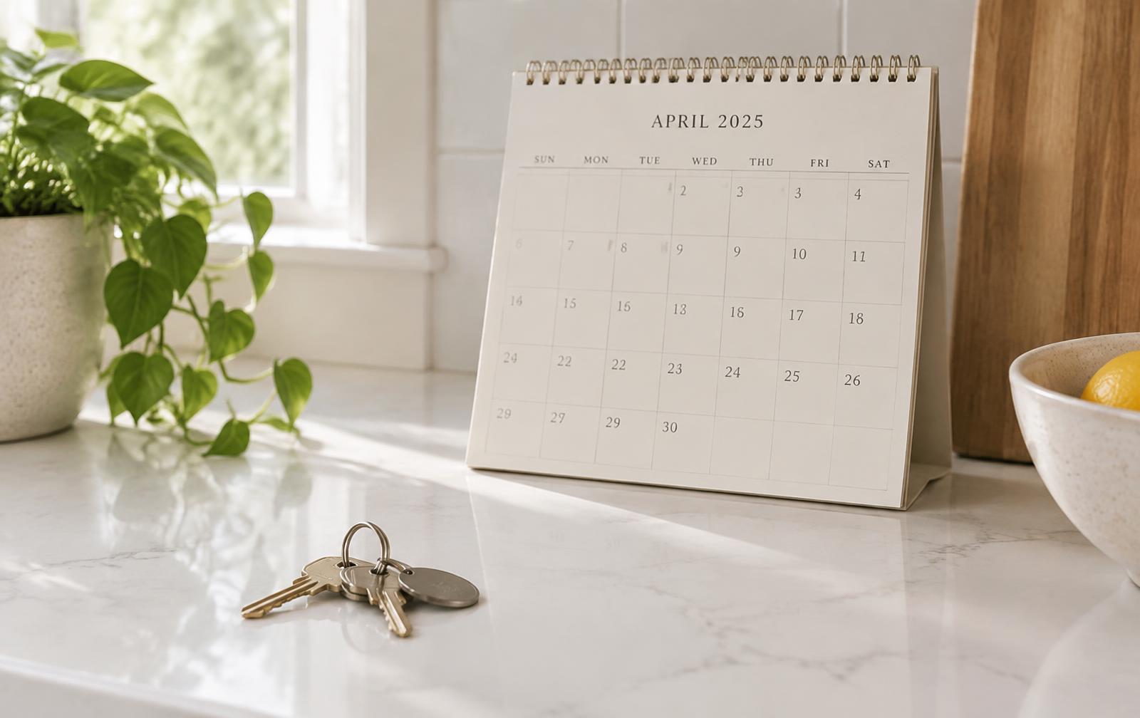 A calendar and house keys on a bright kitchen counter