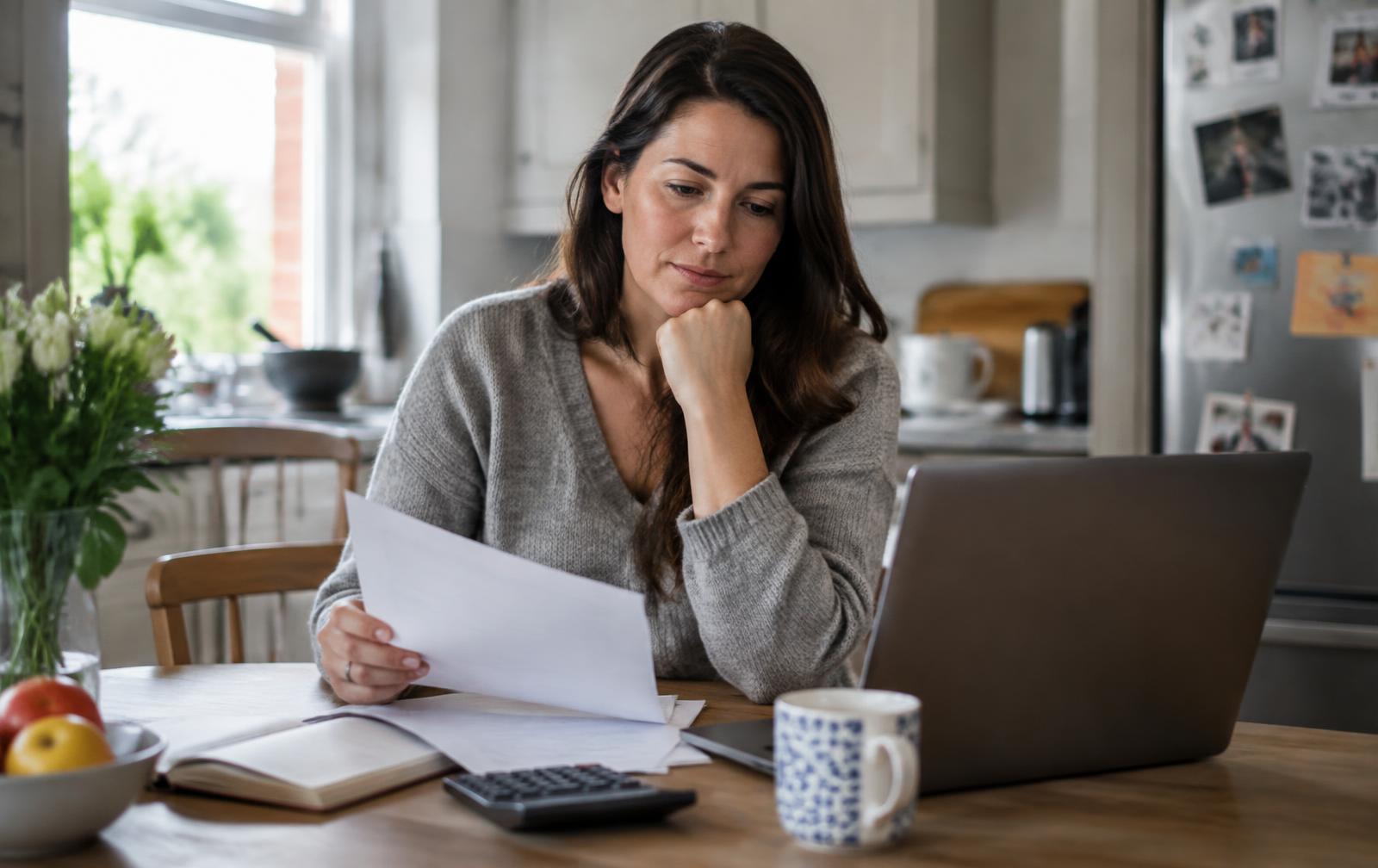 A woman looking thoughtfully at paperwork and a laptop at her kitchen table