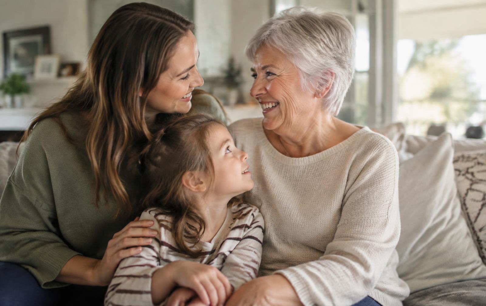 Three generations of a family together in a sunlit living room