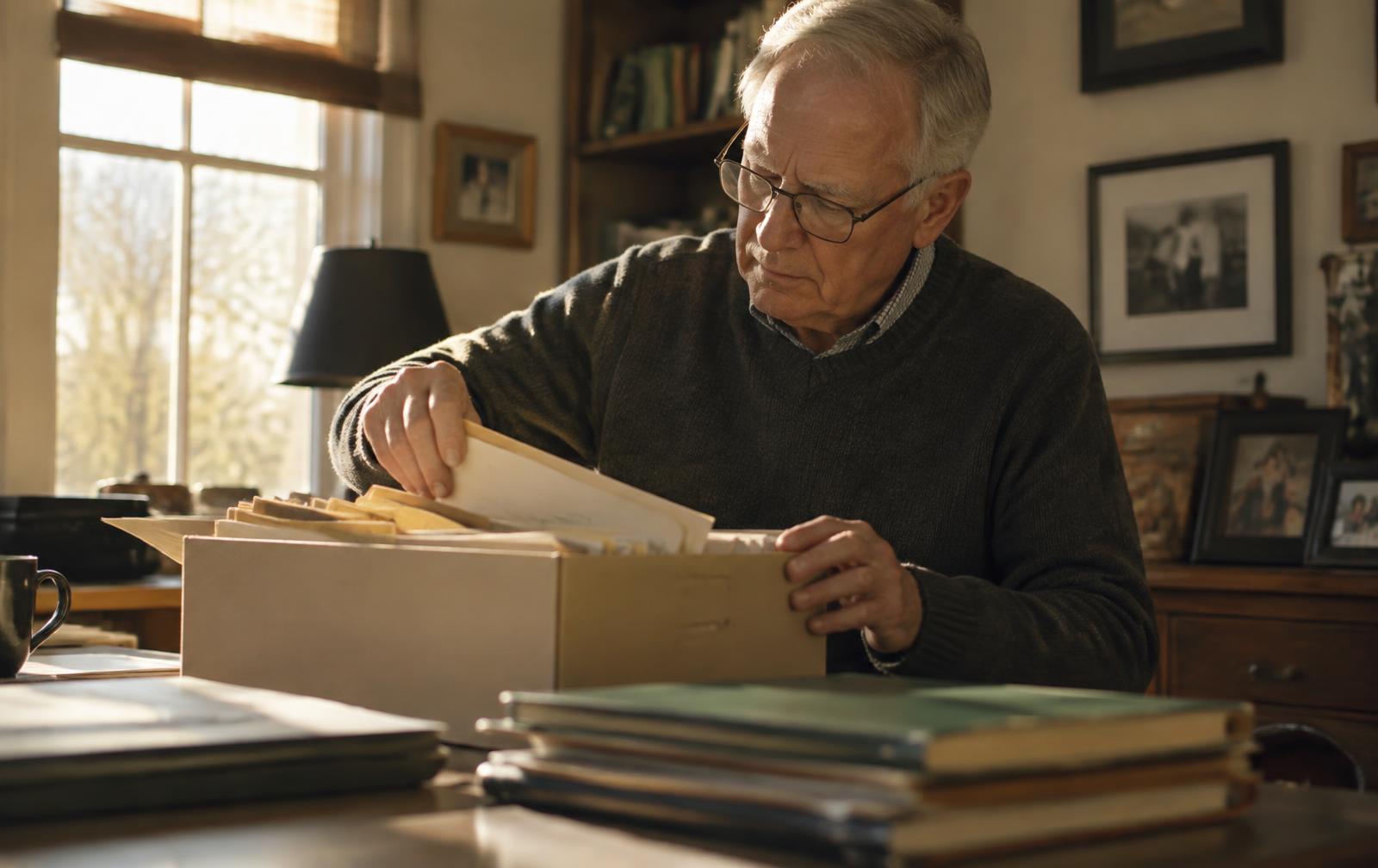 An older man searching through a box of old files and folders in a home study