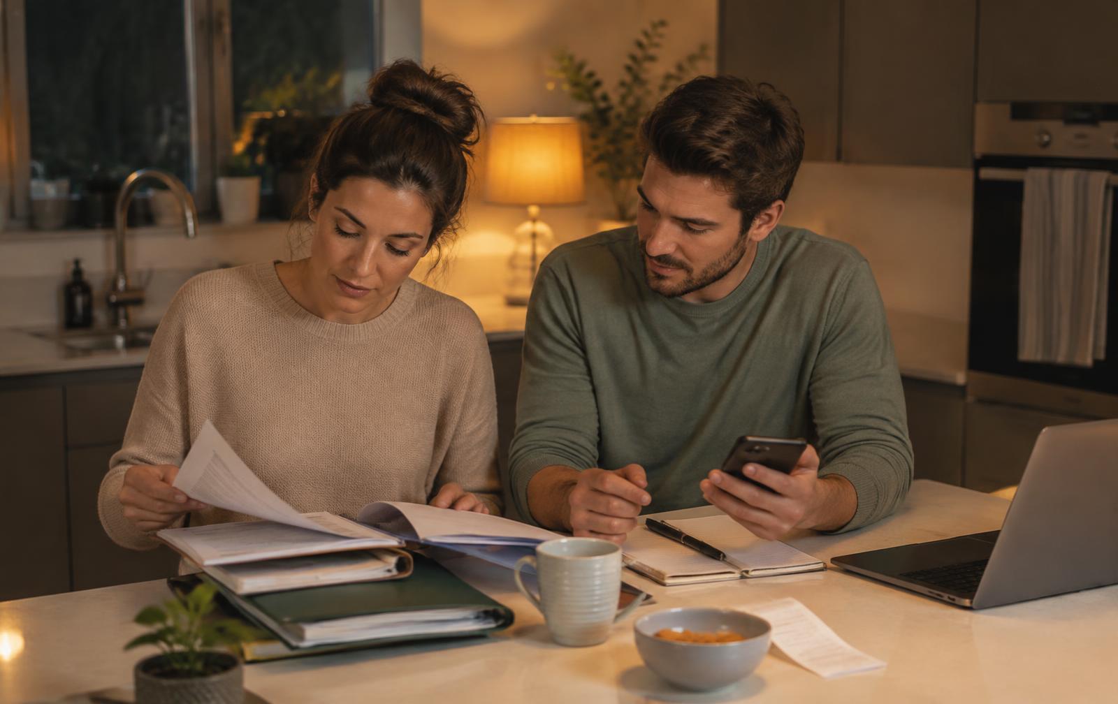 A couple going through household paperwork together at a kitchen island