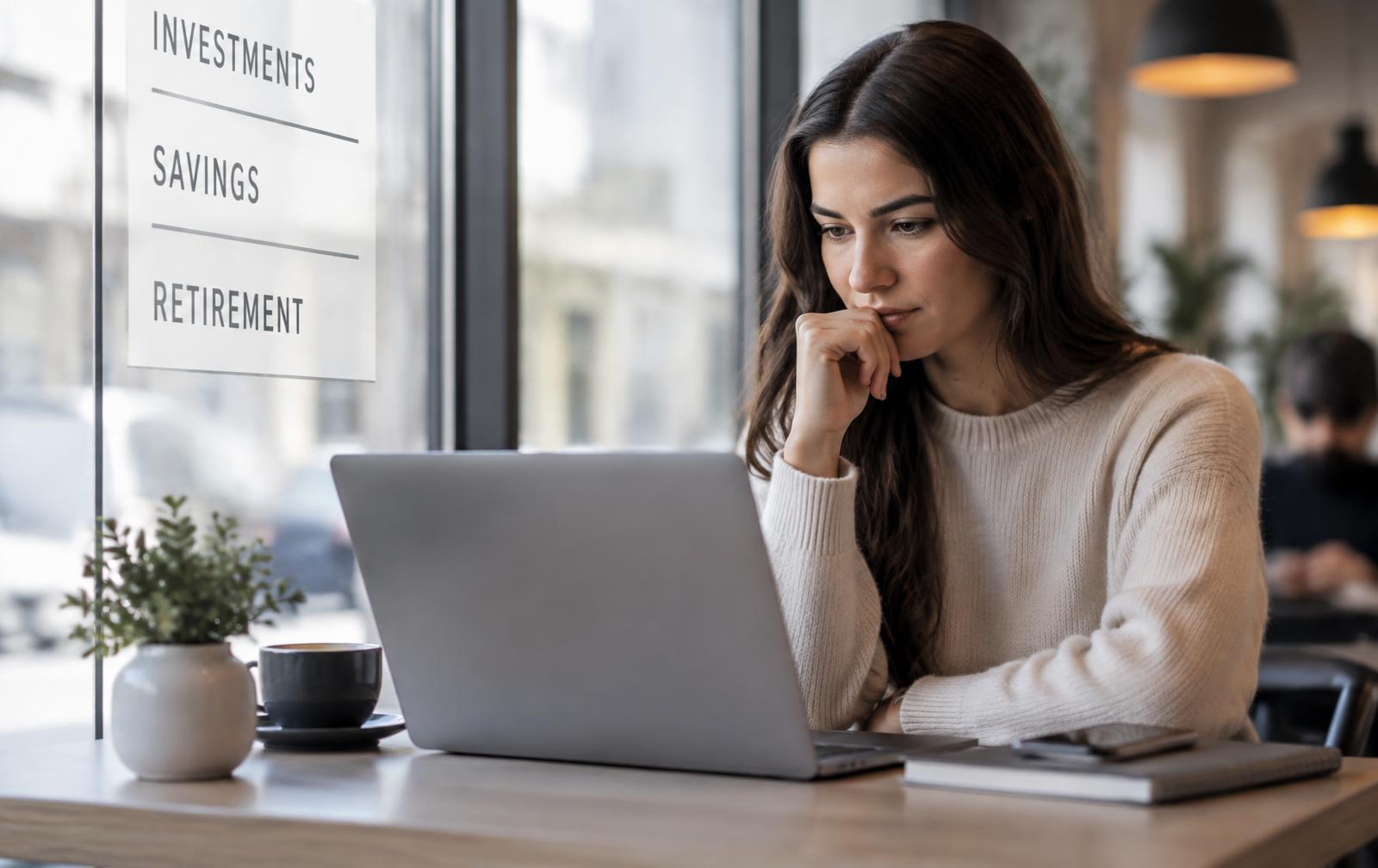 A woman reviewing savings and investment information on a laptop by a cafe window