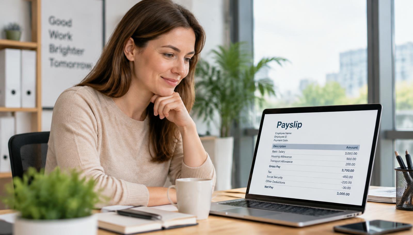 A person reviewing a payslip on a laptop at a bright desk