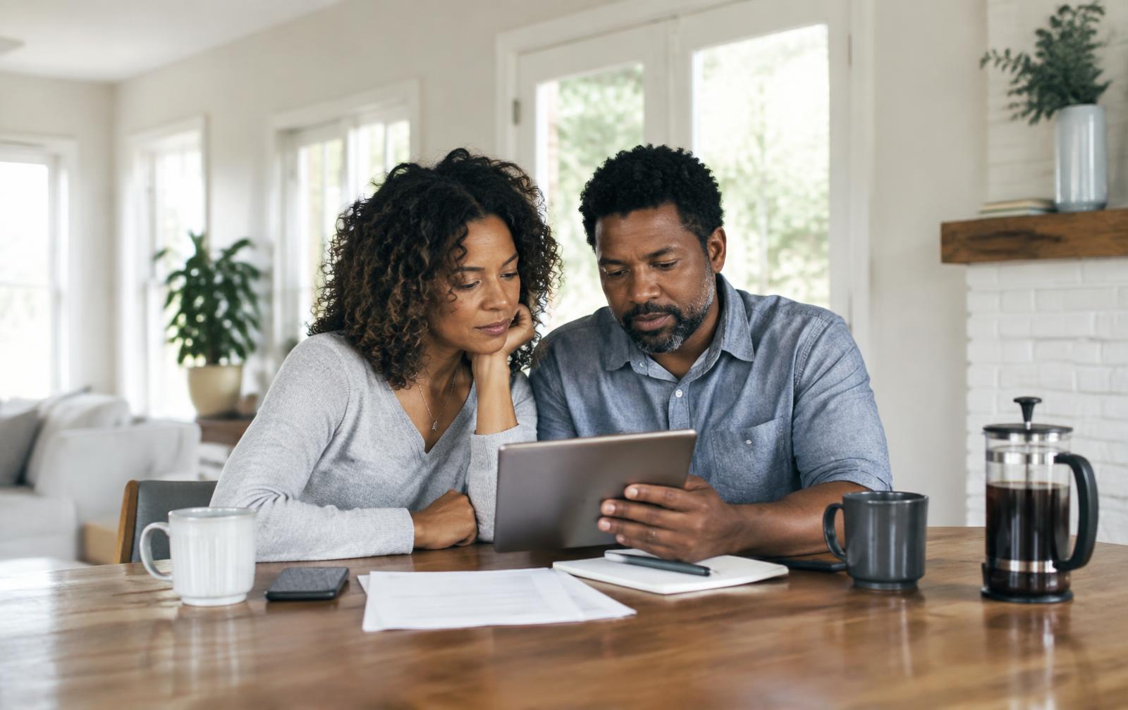 A couple reviewing mortgage options on a tablet at home