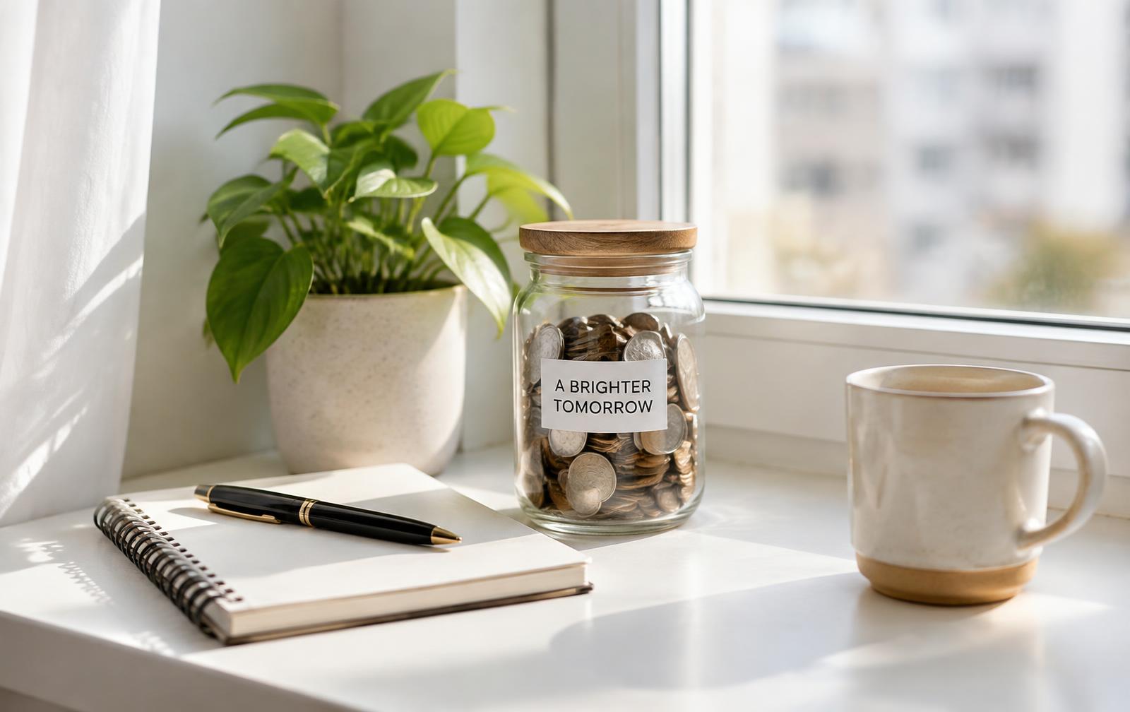 A jar of coins, a plant and a notebook on a sunlit windowsill