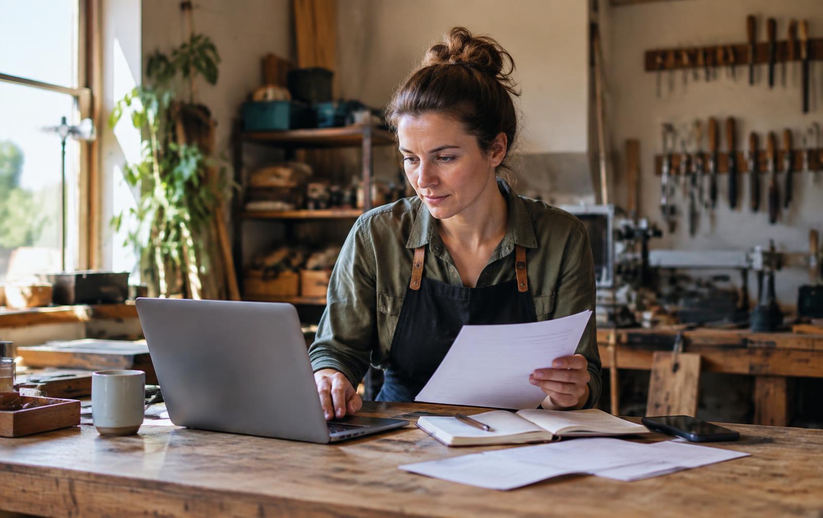 A self-employed craftsperson reviewing accounts on a laptop in a workshop